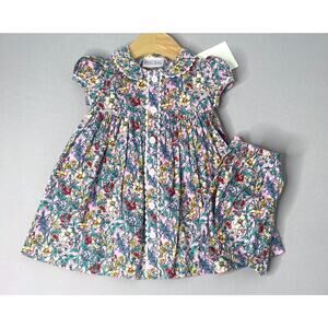 NWT Rachel Riley Dark Pink Floral Button Front Cotton Dress Set Girls 6 Mo